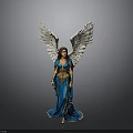 Elegant Woman With Large White Wings Wearing Blue Long Dress Standing Gracefully