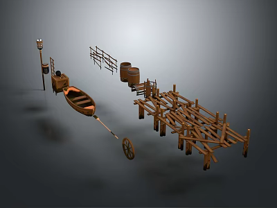 Wooden Scenery Construction Set With Boat Fence Barrel Lamppost And Plank Structures 3d model