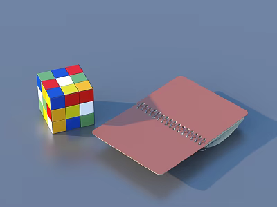 Pink Spiral Bound Notebook With Colorful Rubik's Cube On Blue Background 3d model