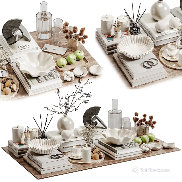 Decorative Ornament Set With Ceramic Bowls White Vases Stacked Books And Green Apples 3d model 