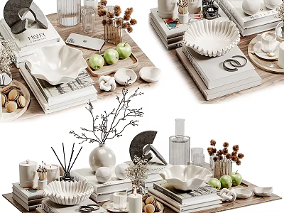 Decorative Ornament Set With Ceramic Bowls White Vases Stacked Books And Green Apples 3d model