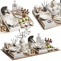 Decorative Ornament Set With Ceramic Bowls White Vases Stacked Books And Green Apples