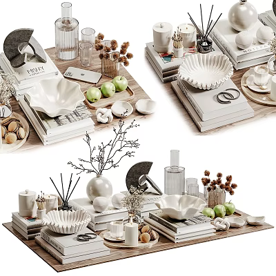 Decorative Ornament Set With Ceramic Bowls White Vases Stacked Books And Green Apples 3d model