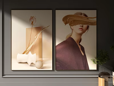 Wall Art Decor With Abstract Paintings Vase Plant Geometric Ornaments And Portrait Gold Brushstroke 3d model
