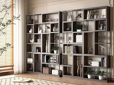Grey Multi Tiered Shelving Unit with Books Decorative Items Potted Plants in Modern Interior 3d model