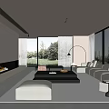 Modern Living Room With Fireplace Large Windows Green View L Shaped Sofa Coffee Table Ottoman