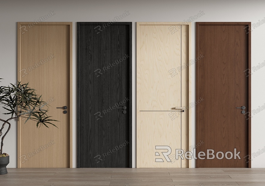 Single door swing door bedroom door door wooden door wood potted plant model