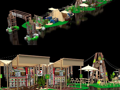Charming Commercial Street Featuring Tents Umbrellas Decorative Seating And Green Plants 3d model