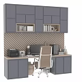 Modern Office Desk Chair Set With Dark Blue Cabinets Herringbone Wooden Wall And Office Supplies