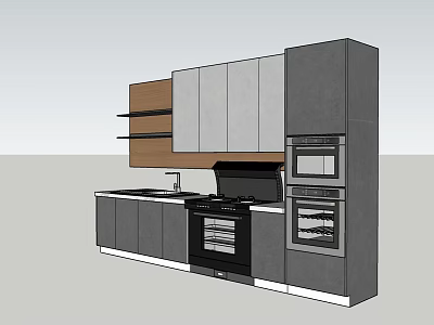 Modern Kitchen Interior With Gray And Wooden Cabinets Built in Ovens And Open Shelves 3d model
