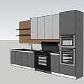 Modern Kitchen Interior With Gray And Wooden Cabinets Built in Ovens And Open Shelves