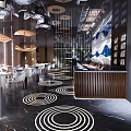 Modern Hotpot Restaurant Interior With Stylish Tables Chairs And Circular Lighting Decor