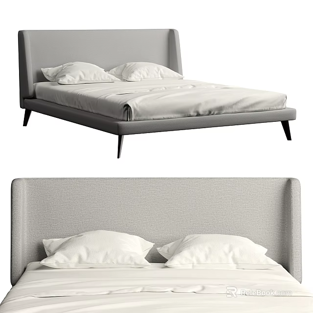 Modern Double Bed With Gray Upholstered Headboard White Bedding And Sleek Frame 3d model