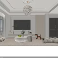 Modern Living and Dining Room Interior Featuring Arched Doorway Chandelier White Sofas and TV Wall