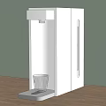 White Household Water Dispenser with Transparent Glass on Tray Against Green Wall and Wooden Floor