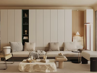 Modern Beige Living Room Interior With Sofa Plush Pillows Coffee Table Cabinets And Floor Lamp 3d model
