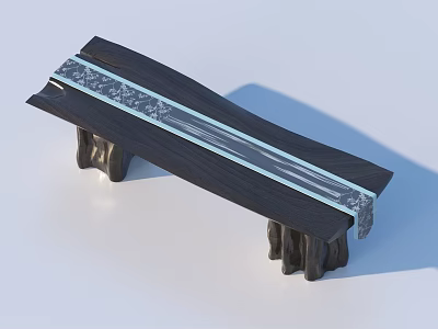 Dark Wooden Tea Table With Blue Stripe Decoration And Stump Like Legs 3d model