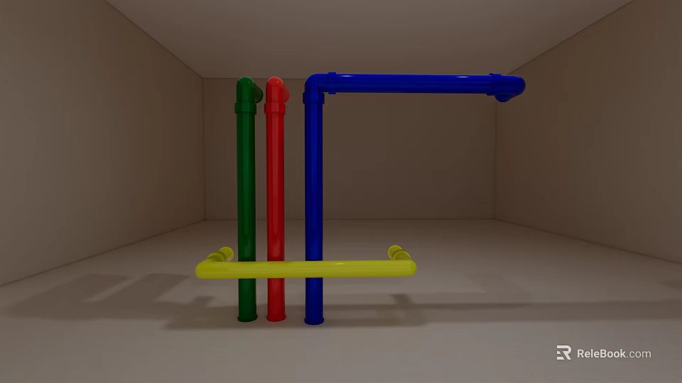 Vertical Green Red Blue Pipes With Yellow Horizontal Support In Indoor Room 3d model 