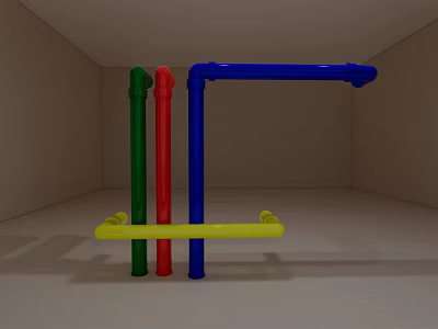 Vertical Green Red Blue Pipes With Yellow Horizontal Support In Indoor Room 3d model