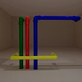 Vertical Green Red Blue Pipes With Yellow Horizontal Support In Indoor Room
