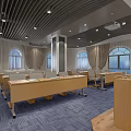 Modern Conference Room Interior Design With Wooden Tables Chairs Large Screen And Lighting