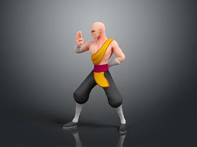 Bald Man in Yellow Top Black Pants Red Belt Striking Martial Arts Pose Gray Background 3d model