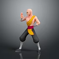 Bald Man in Yellow Top Black Pants Red Belt Striking Martial Arts Pose Gray Background