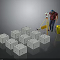 Precast Concrete Blocks On Construction Site With Surveying Equipment Tripod And Worker