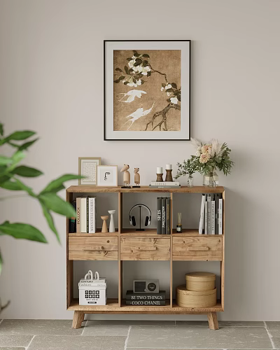 Natural Style Wooden Decorative Cabinet With Bookshelf Decorative Items Vases Green Plants And Headphones 3d model