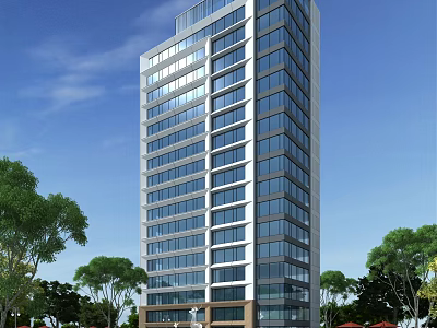 Residential High Rise Building With Modern Glass Facade Surrounded By Green Trees Under Blue Sky 3d model