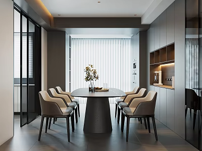 Modern Restaurant Interior Design With Round Dining Table Beige Chairs And Window Blinds 3d model