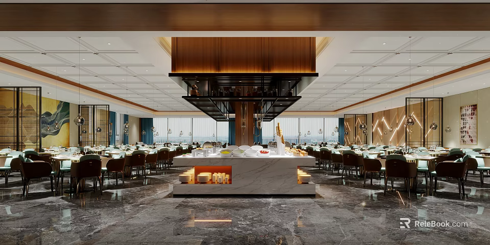 Elegant Modern Restaurant Interior With Marble Dining Tables Comfortable Chairs And Soft Lighting 3d model 