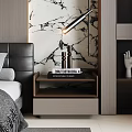 Modern Bedroom Nightstand With Black Leather Headboard Marble Wall And Hand Sculpture