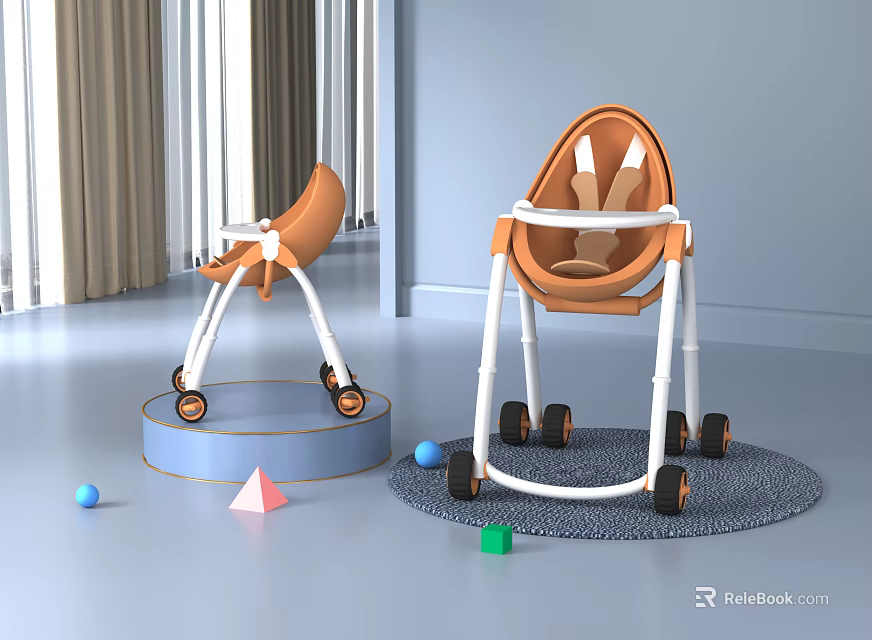 Orange Baby Walkers In Light Blue Room With Colorful Blocks And Balls 3d model 
