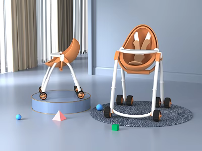 Orange Baby Walkers In Light Blue Room With Colorful Blocks And Balls 3d model