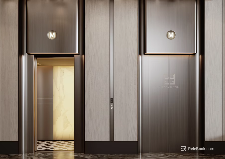 Contemporary Elevator Lobby With Stainless Steel Doors Recessed Lighting And Marble Patterned Floor 3d model 