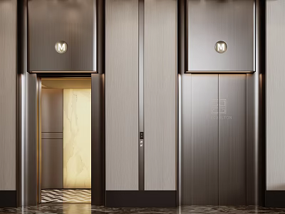 Contemporary Elevator Lobby With Stainless Steel Doors Recessed Lighting And Marble Patterned Floor 3d model