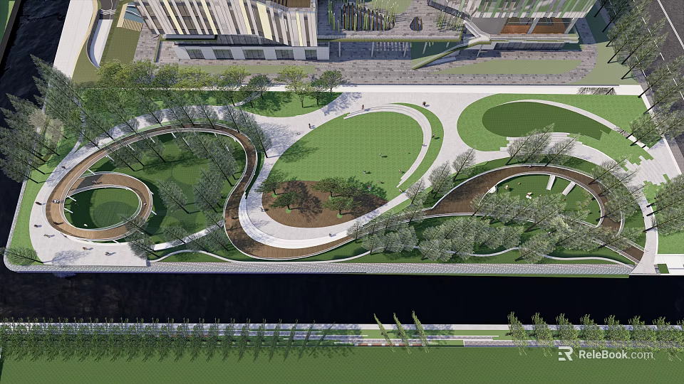 Park Landscape with Open Green Lawns Curved Pathways and Lush Trees 3d model 