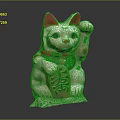 Lucky Cat Ornament Decoration With White Body Red Ears Green Collar And Longevity Character Charm