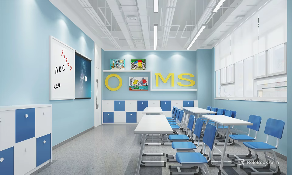 School Classroom With Blue Walls White Desks Blue Chairs And Alphabet Decorations 3d model 
