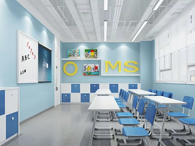 School Classroom With Blue Walls White Desks Blue Chairs And Alphabet Decorations 3d model
