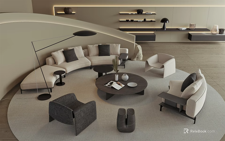 Modern Living Room Sofa And Coffee Table Set With Neutral Tones Accent Chairs And Decor 3d model 