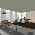 Modern Office Interior With Large Windows Sofa Desk Chairs Bookshelf Wooden Flooring And City View