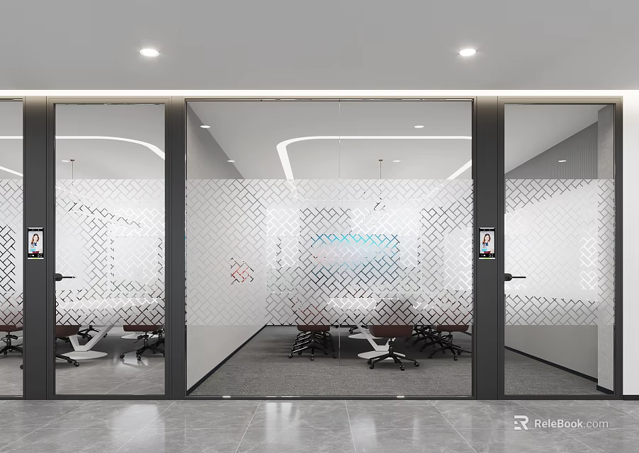 Modern Office Interior With Glass Partitions And Meeting Room Setup 3d model 