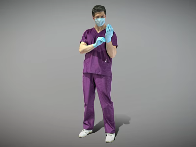 A Man In Purple Scrubs Adjusting Blue Gloves Wearing Face Mask Standing Against Grey Background 3d model