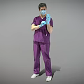 A Man In Purple Scrubs Adjusting Blue Gloves Wearing Face Mask Standing Against Grey Background