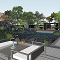 Rockery Stones In Serene Garden With Pond Surrounding Trees Pavilion And Outdoor Sofa