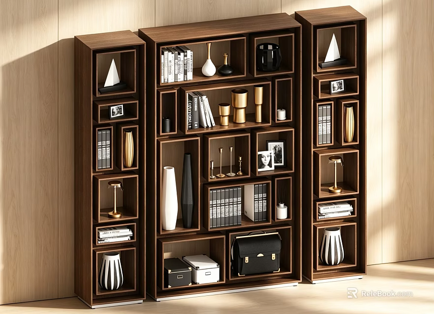 Modern Walnut Wooden Bookcase With Multiple Open Compartments For Books Photos And Exquisite Home Decorations 3d model 
