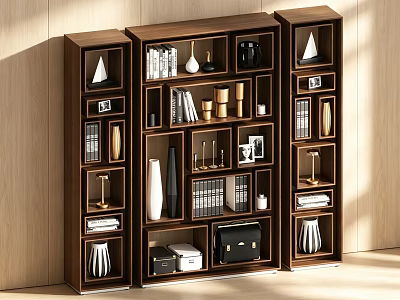 Modern Walnut Wooden Bookcase With Multiple Open Compartments For Books Photos And Exquisite Home Decorations 3d model