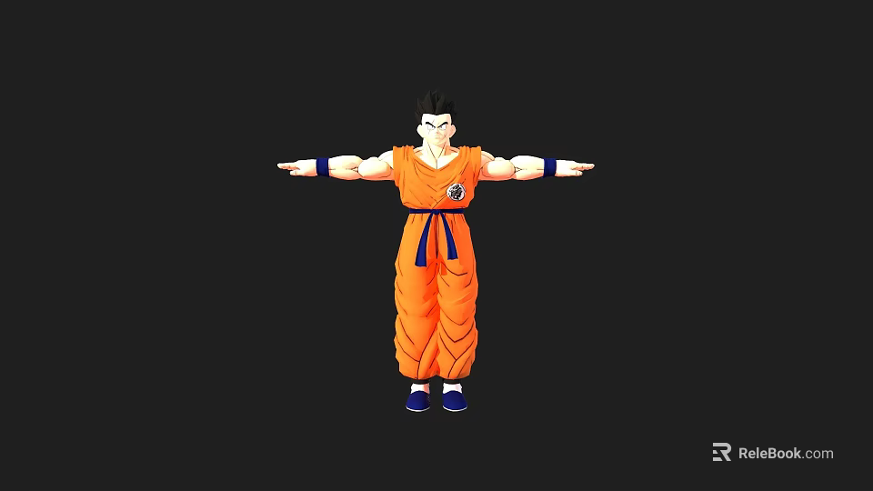 Anime Style Fictional Character In Orange Costume Blue Belt Standing Arms Extended Pose 3d model 